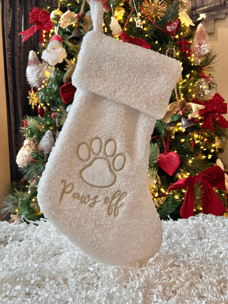 dog paws off christmas stocking